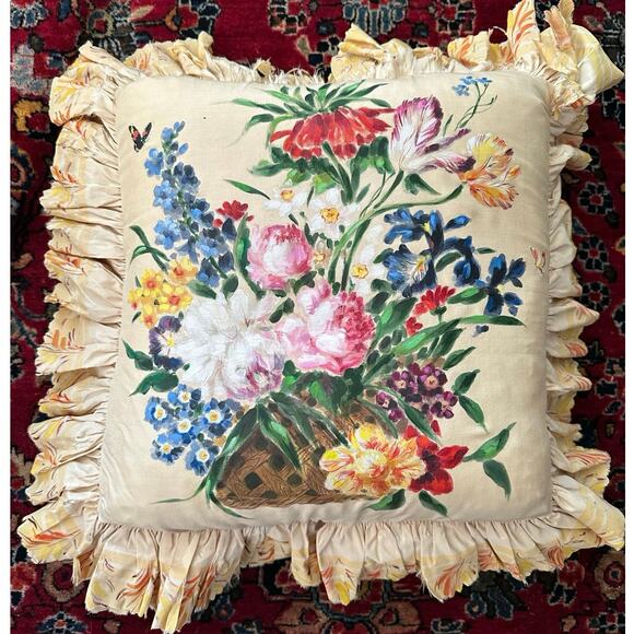 Vintage Silk Victorian Pillow Hand Painted ruffled yellow Dawn filled READ - Picture 2 of 16